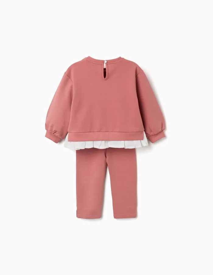 Cotton jogging set with embossed flower print for baby girls, pink