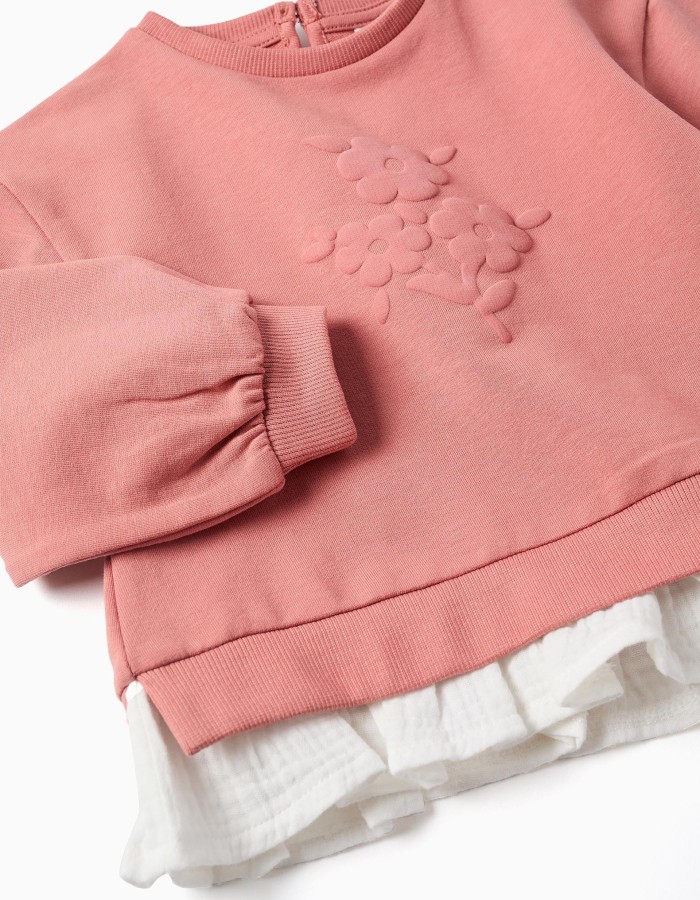Cotton jogging set with embossed flower print for baby girls, pink