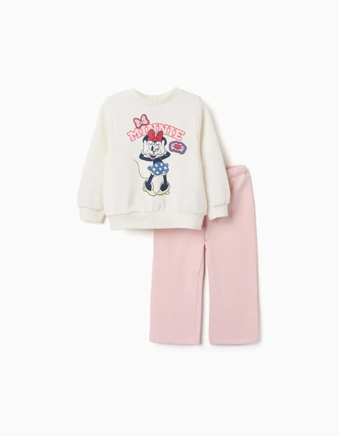 Cotton jogging set with Minnie print for babies and girls, white/pink