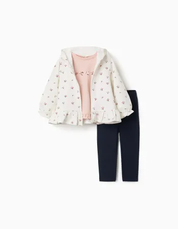 3-piece cotton set with floral print for baby girls, white/pink/blue