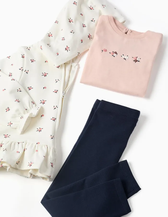 3-piece cotton set with floral print for baby girls, white/pink/blue