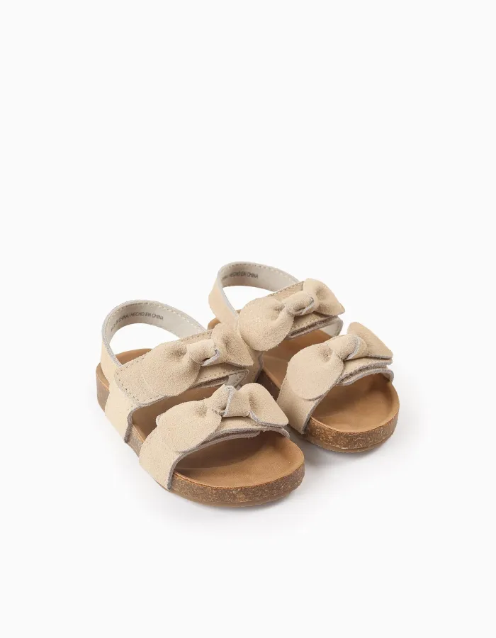 Suede Sandals with Bows for Baby Girls, Beige