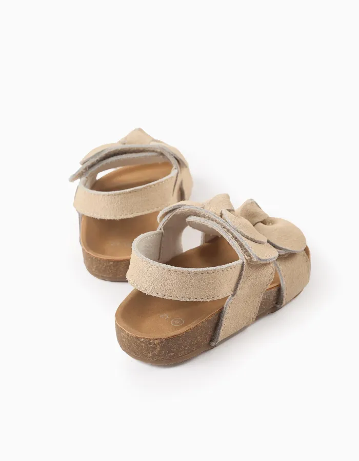 Suede Sandals with Bows for Baby Girls, Beige
