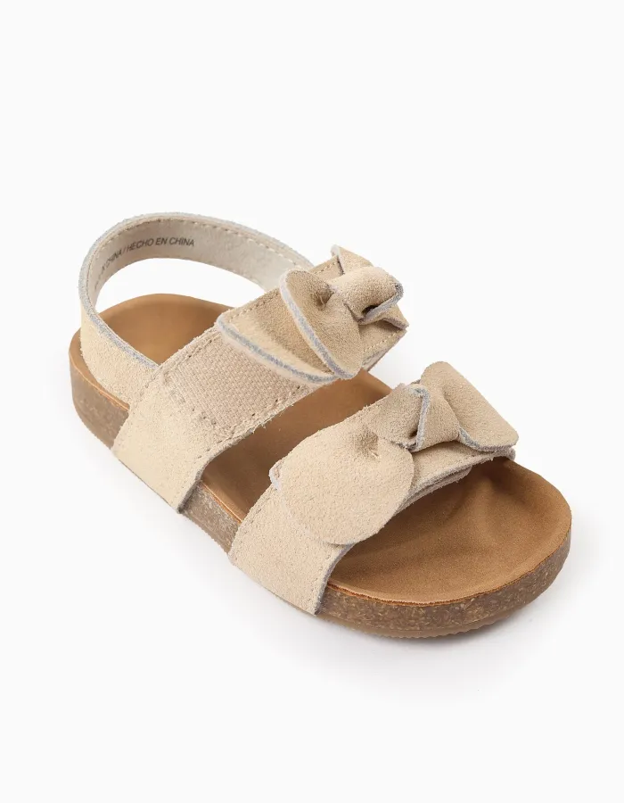 Suede Sandals with Bows for Baby Girls, Beige