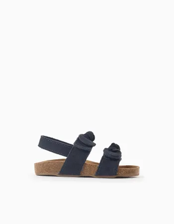 Suede Sandals with Bows for Baby Girls, Dark Blue
