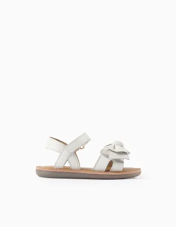Leather sandals with decorative bow for baby girls, white