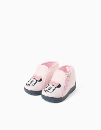 Velvet slippers with Minnie embroidery for babies and girls, light pink