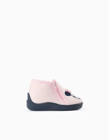 Velvet slippers with Minnie embroidery for babies and girls, light pink