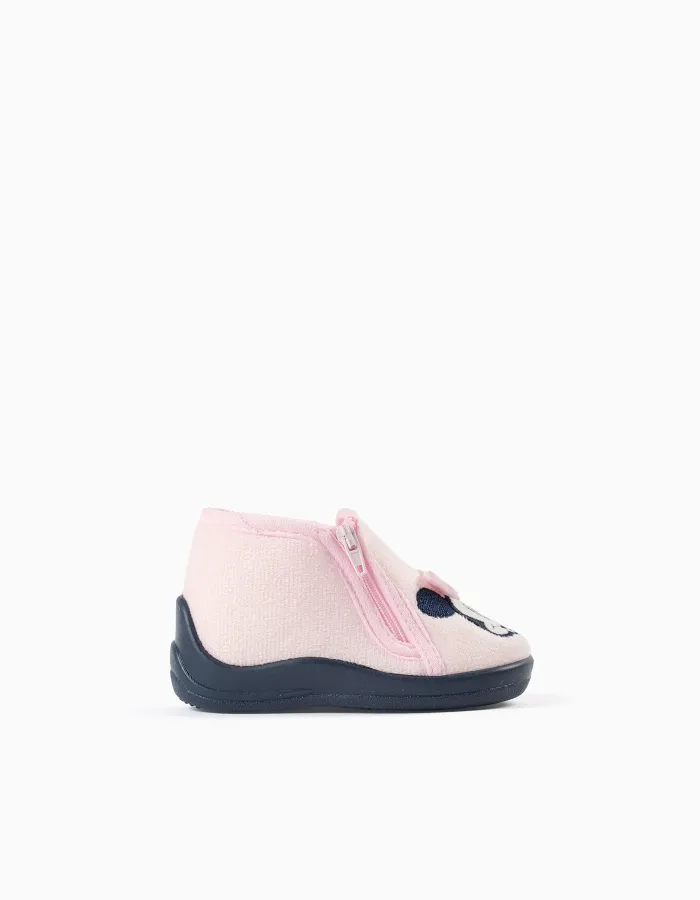 Velvet slippers with Minnie embroidery for babies and girls, light pink