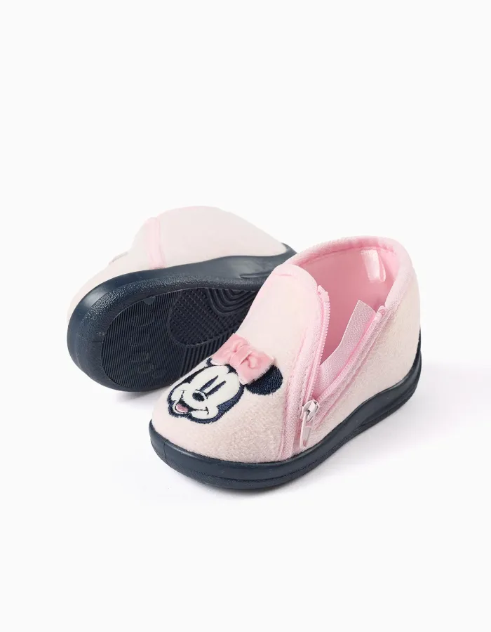 Velvet slippers with Minnie embroidery for babies and girls, light pink