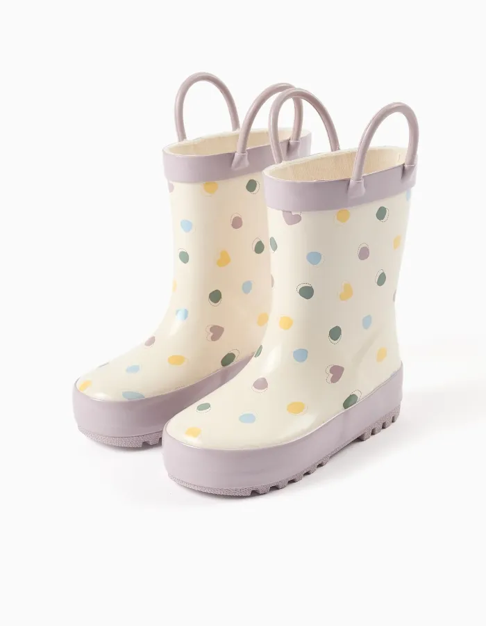 Rubber handle wellies with dots pattern for baby girls, white