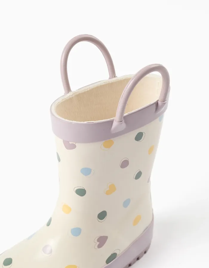 Rubber handle wellies with dots pattern for baby girls, white
