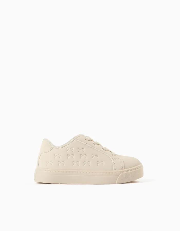 Trainers with embossed bows and elastic laces for baby girls, beige