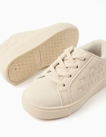 Trainers with embossed bows and elastic laces for baby girls, beige