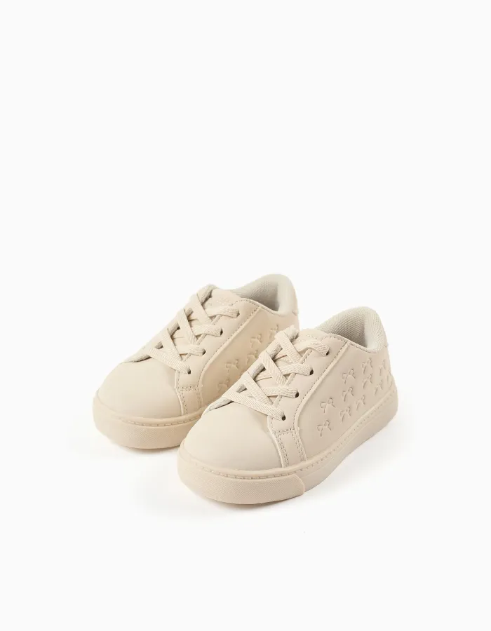 Trainers with embossed bows and elastic laces for baby girls, beige