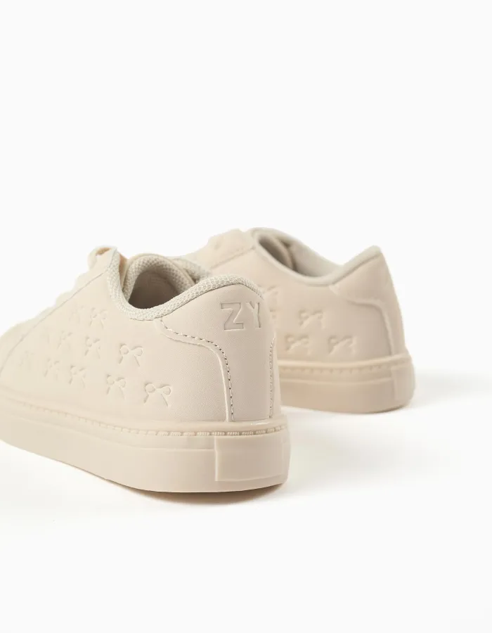 Trainers with embossed bows and elastic laces for baby girls, beige
