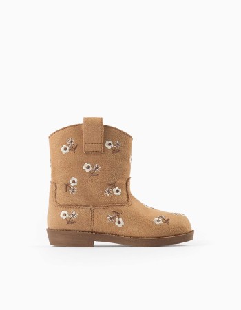 Suedette boots with embroidered flowers for baby girls, camel