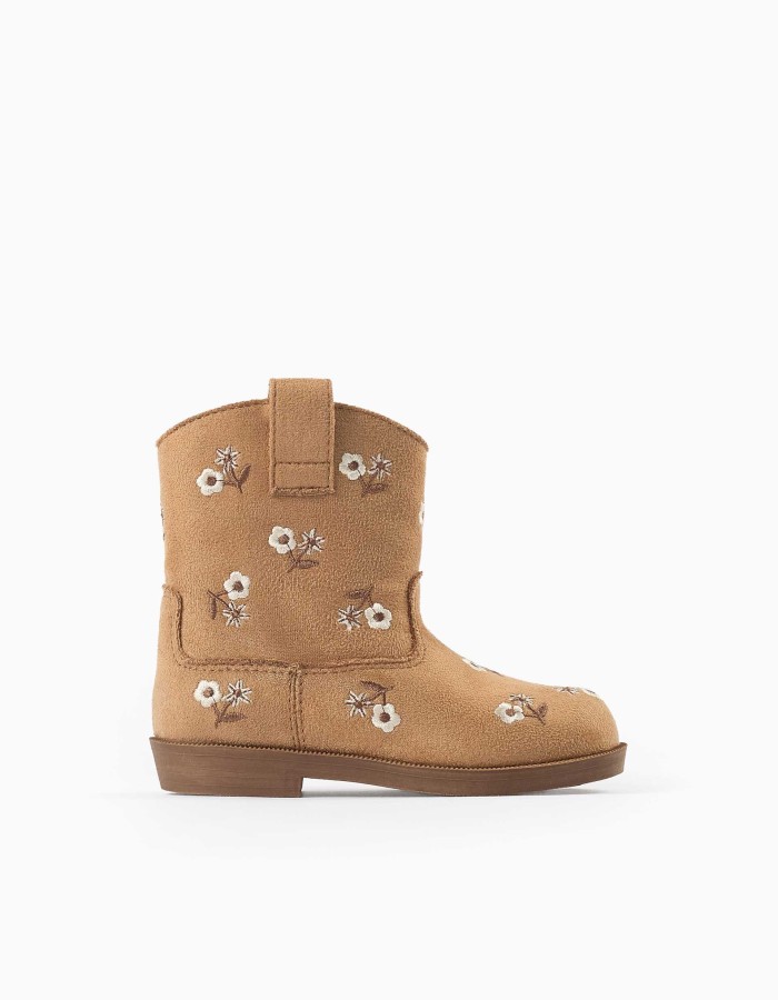 Suedette boots with embroidered flowers for baby girls, camel