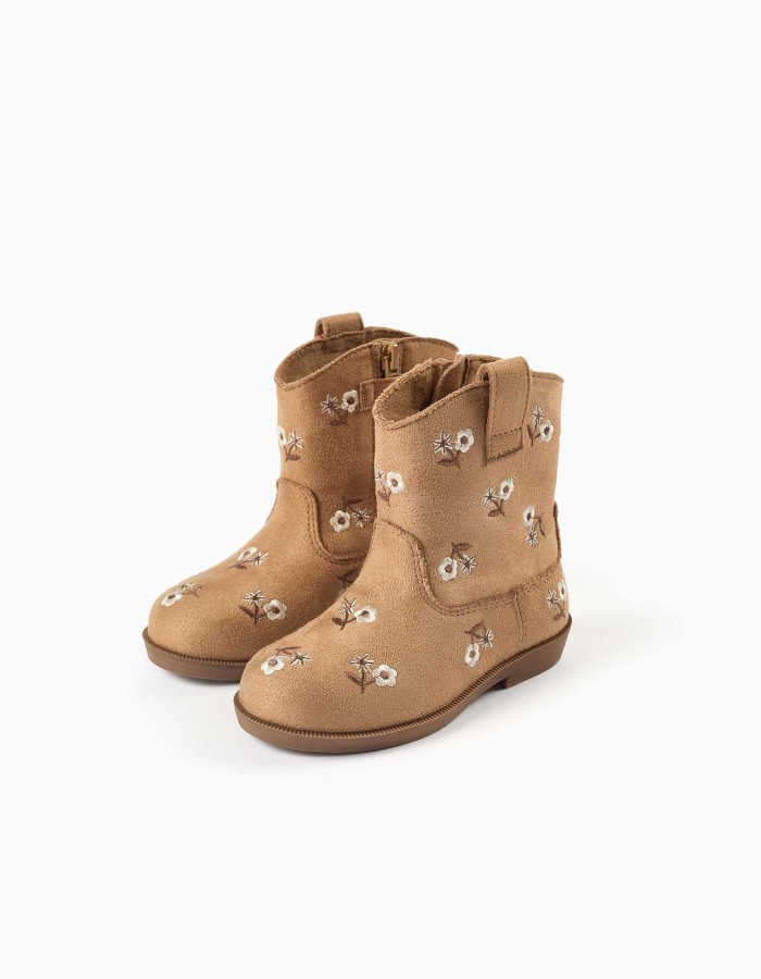 Suedette boots with embroidered flowers for baby girls, camel