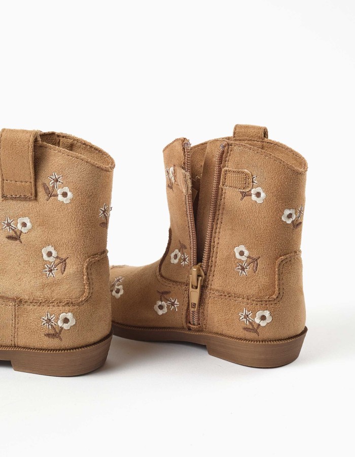 Suedette boots with embroidered flowers for baby girls, camel