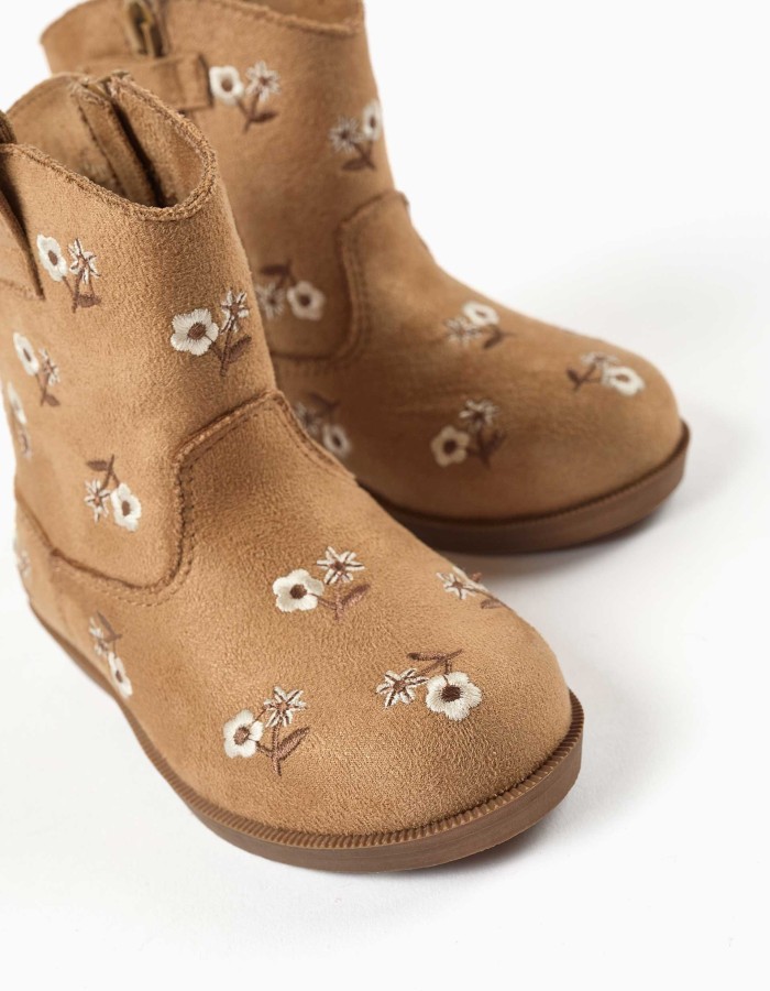 Suedette boots with embroidered flowers for baby girls, camel