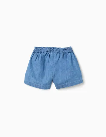 Denim paperbag shorts with decorative knot for baby girls, blue