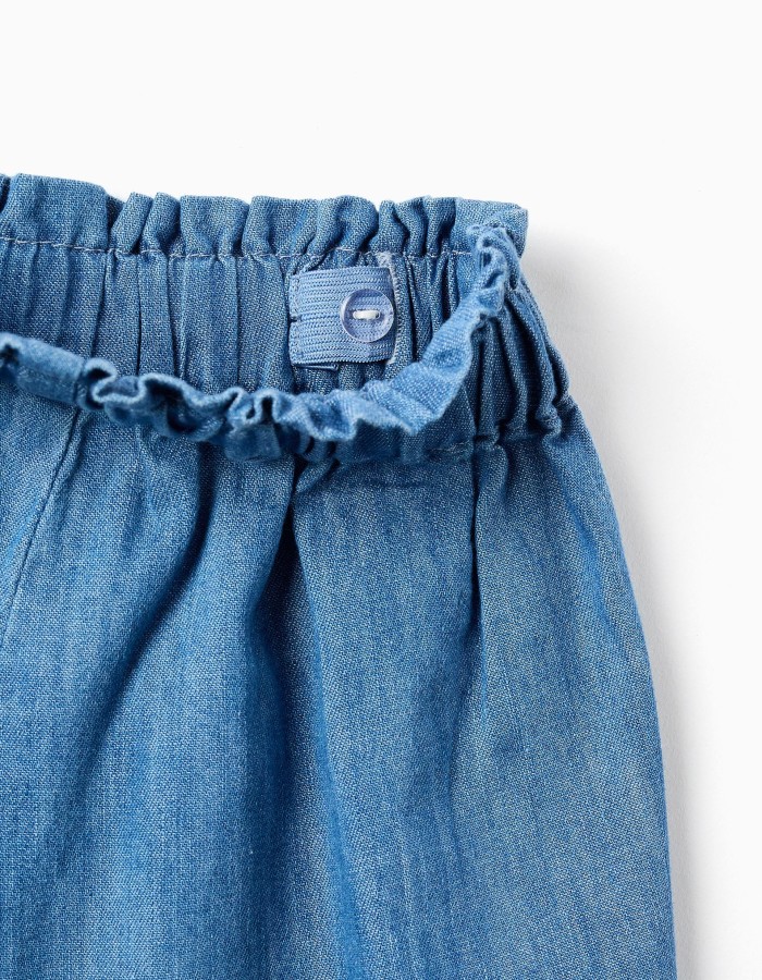 Denim paperbag shorts with decorative knot for baby girls, blue