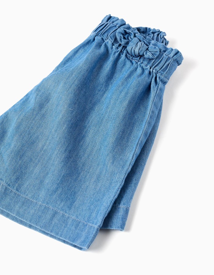 Denim paperbag shorts with decorative knot for baby girls, blue