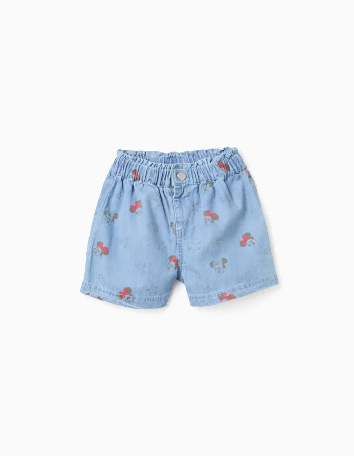 Denim shorts with Minnie and elasticated waist for baby girls, light blue