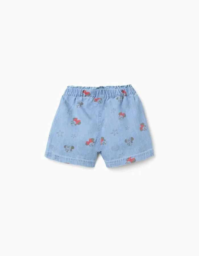 Denim shorts with Minnie and elasticated waist for baby girls, light blue