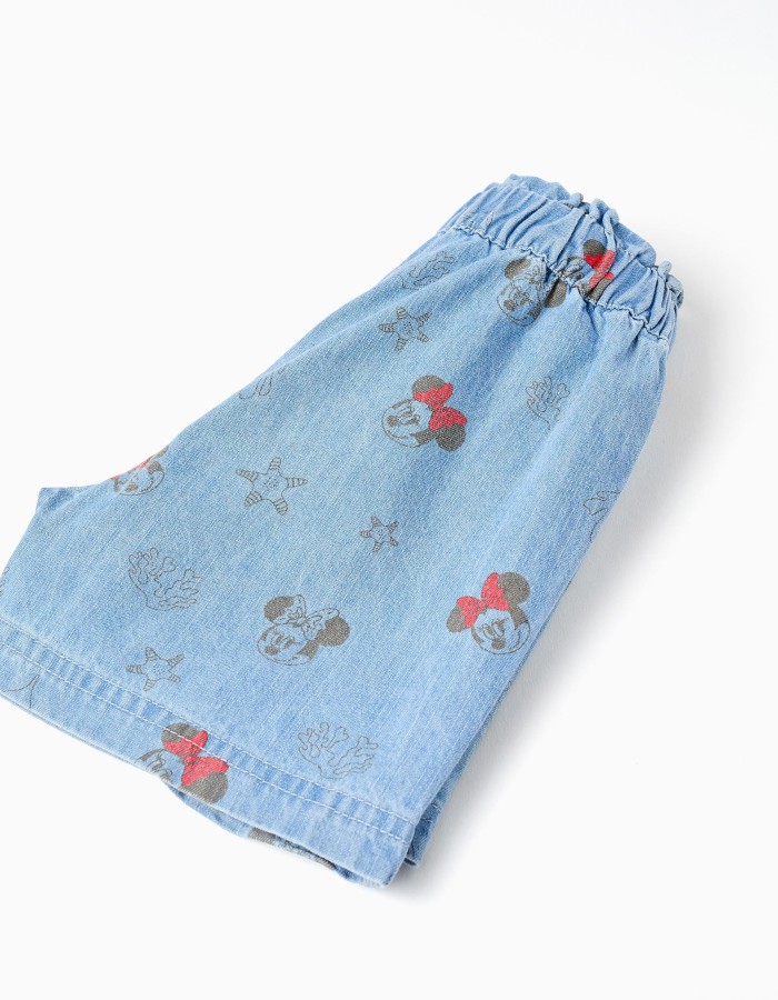Denim shorts with Minnie and elasticated waist for baby girls, light blue