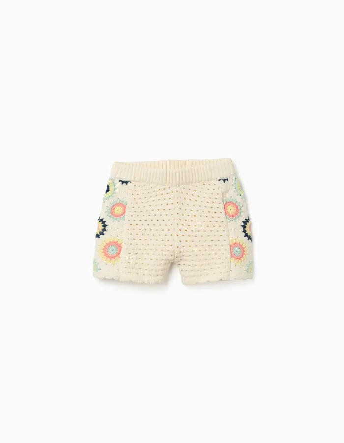 Cotton knit shorts with crochet flowers for baby girls, light beige