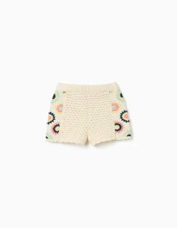 Cotton knit shorts with crochet flowers for baby girls, light beige