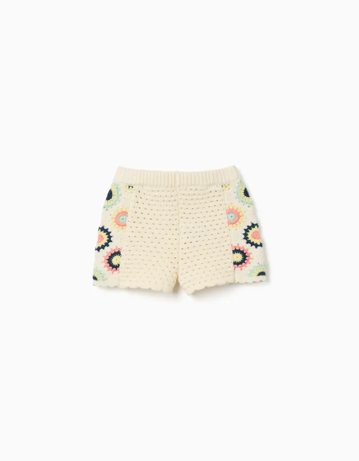 Cotton knit shorts with crochet flowers for baby girls, light beige