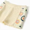 Cotton knit shorts with crochet flowers for baby girls, light beige