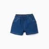 Denim shorts with paperbag waistband for baby girls, dark blue