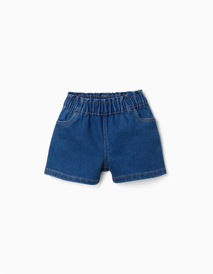 Denim shorts with paperbag waistband for baby girls, dark blue