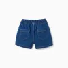 Denim shorts with paperbag waistband for baby girls, dark blue