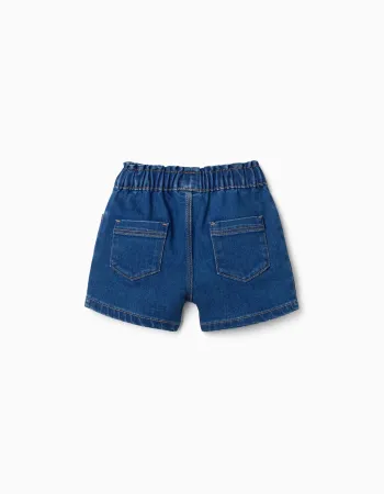 Denim shorts with paperbag waistband for baby girls, dark blue