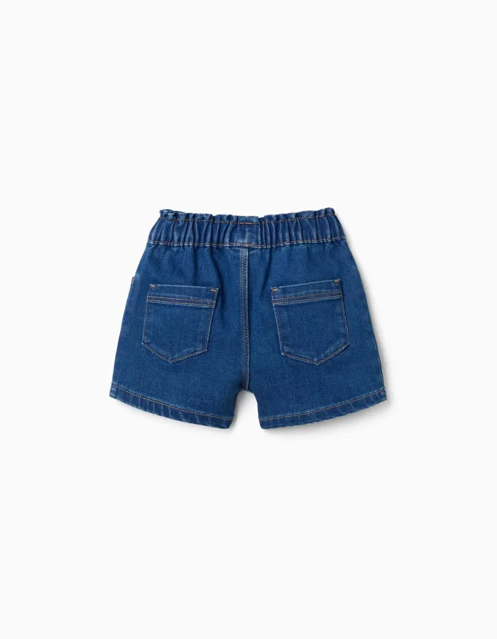 Denim shorts with paperbag waistband for baby girls, dark blue