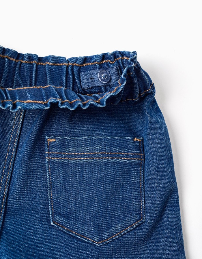 Denim shorts with paperbag waistband for baby girls, dark blue