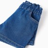 Denim shorts with paperbag waistband for baby girls, dark blue