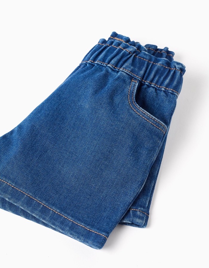 Denim shorts with paperbag waistband for baby girls, dark blue