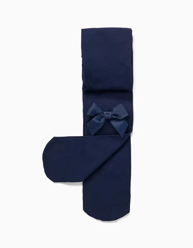 Microfiber Tights with Bow for Girls, Dark Blue