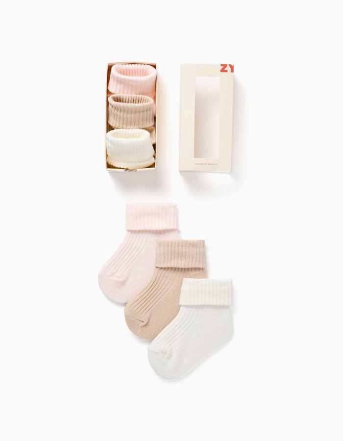 Pack of 3 Ribbed Socks for Newborn and Baby Girls, Multicolour
