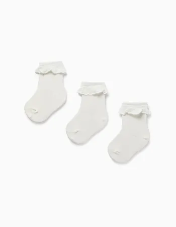 Pack of 3 Pairs of Socks with Broderie Anglaise for Baby Girls, White
