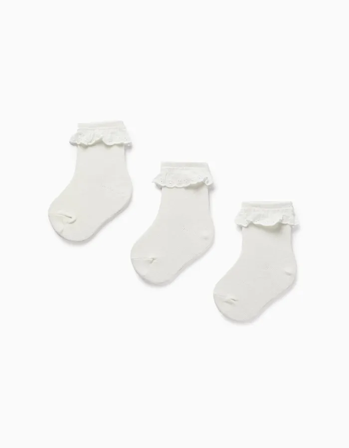 Pack of 3 Pairs of Socks with Broderie Anglaise for Baby Girls, White