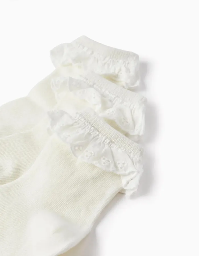 Pack of 3 Pairs of Socks with Broderie Anglaise for Baby Girls, White