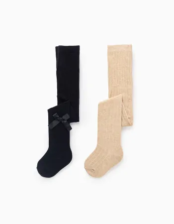 Pack of 2 Tights Ribbed/with Bow for Baby Girls, Beige/Dark Blue