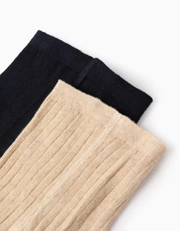 Pack of 2 Tights Ribbed/with Bow for Baby Girls, Beige/Dark Blue